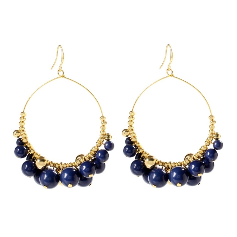 Navy Blue Lapis & Goldtone Gypsy Hoop Drop Earring